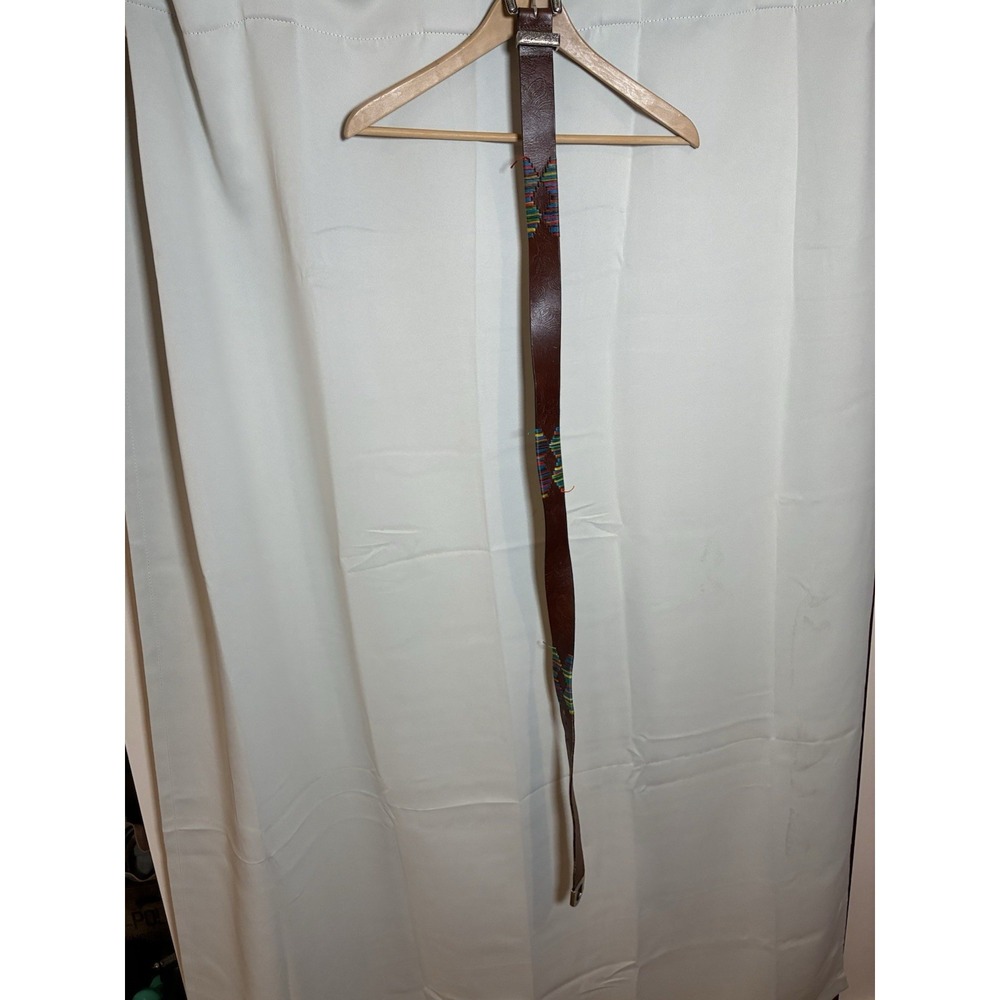 Robert Graham Brown Leather Belt Sz 44/46 KWT Paisley Buckle Multicolor Stitch